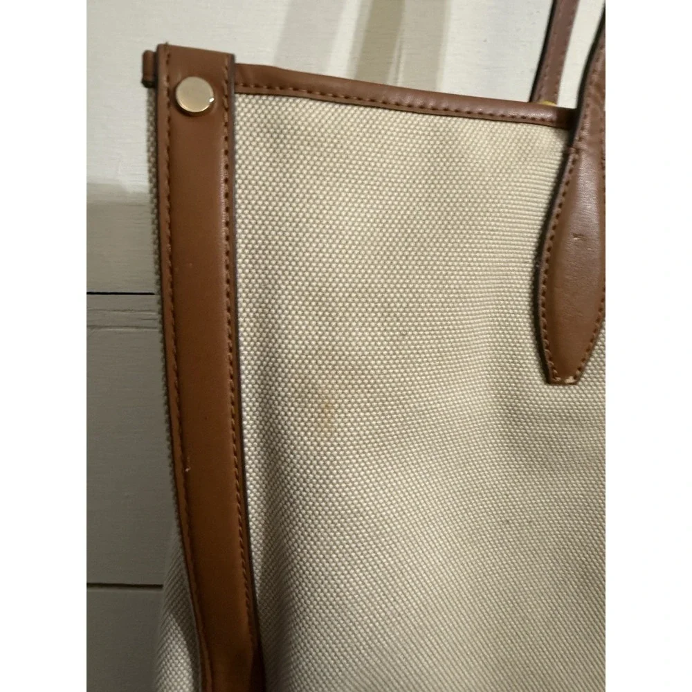 Kate Spade NY Large Market Tote Bag Beige Canvas,‎ Brown Leather Yellow